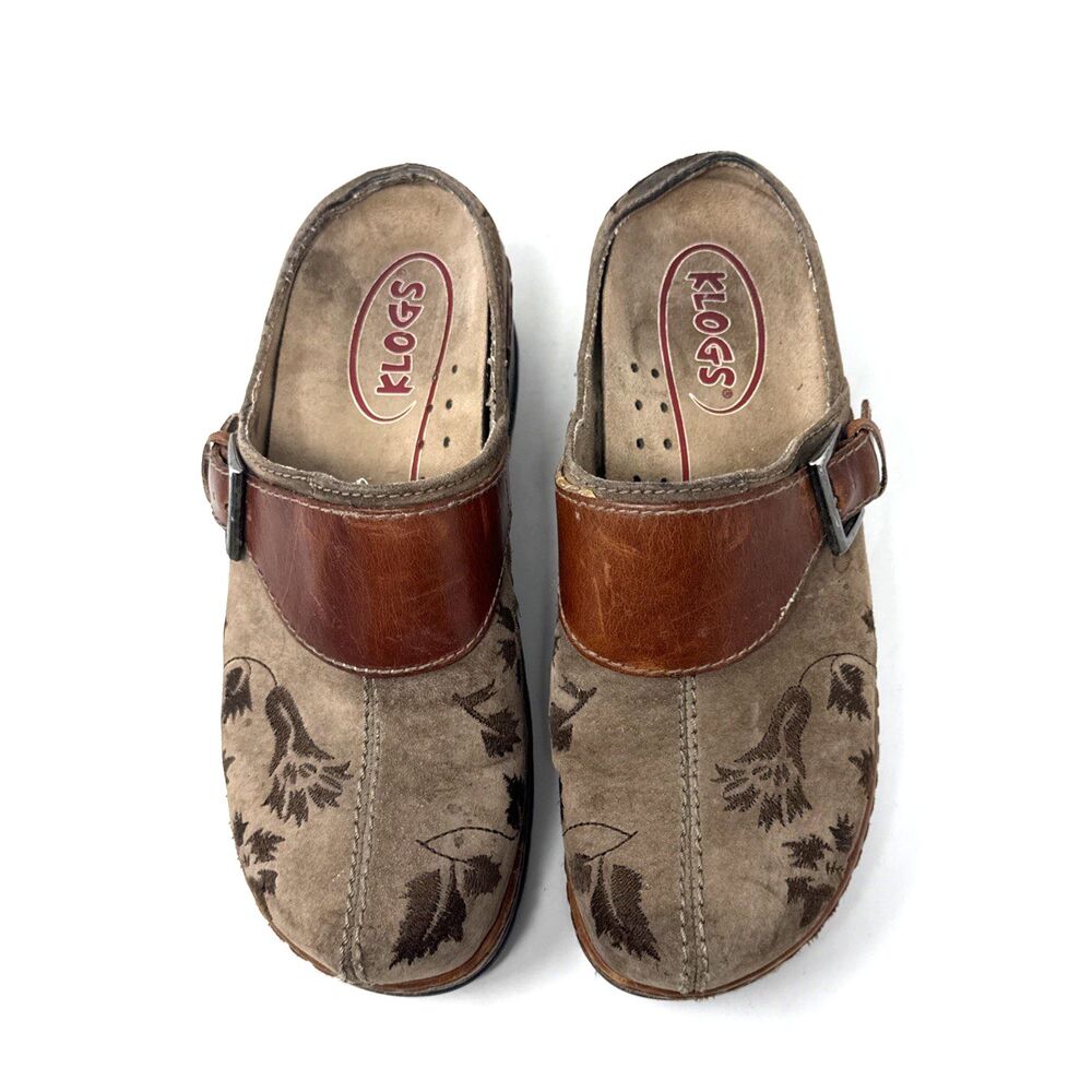 KLOGS AUSTIN Open Back Shoes Womens Sz 8 Taupe Tapestry Suede Leather Clogs